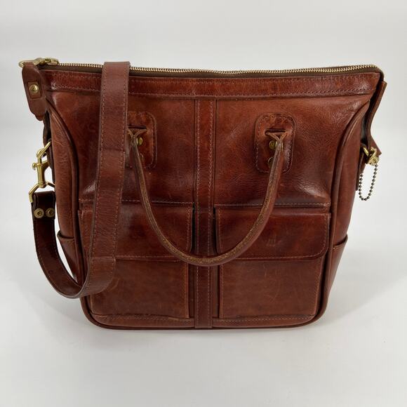J.W. Hulme Co Excursion Tote Bag Vtg Cognac Brown Leather Shoulder Strap Satchel - Picture 1 of 15